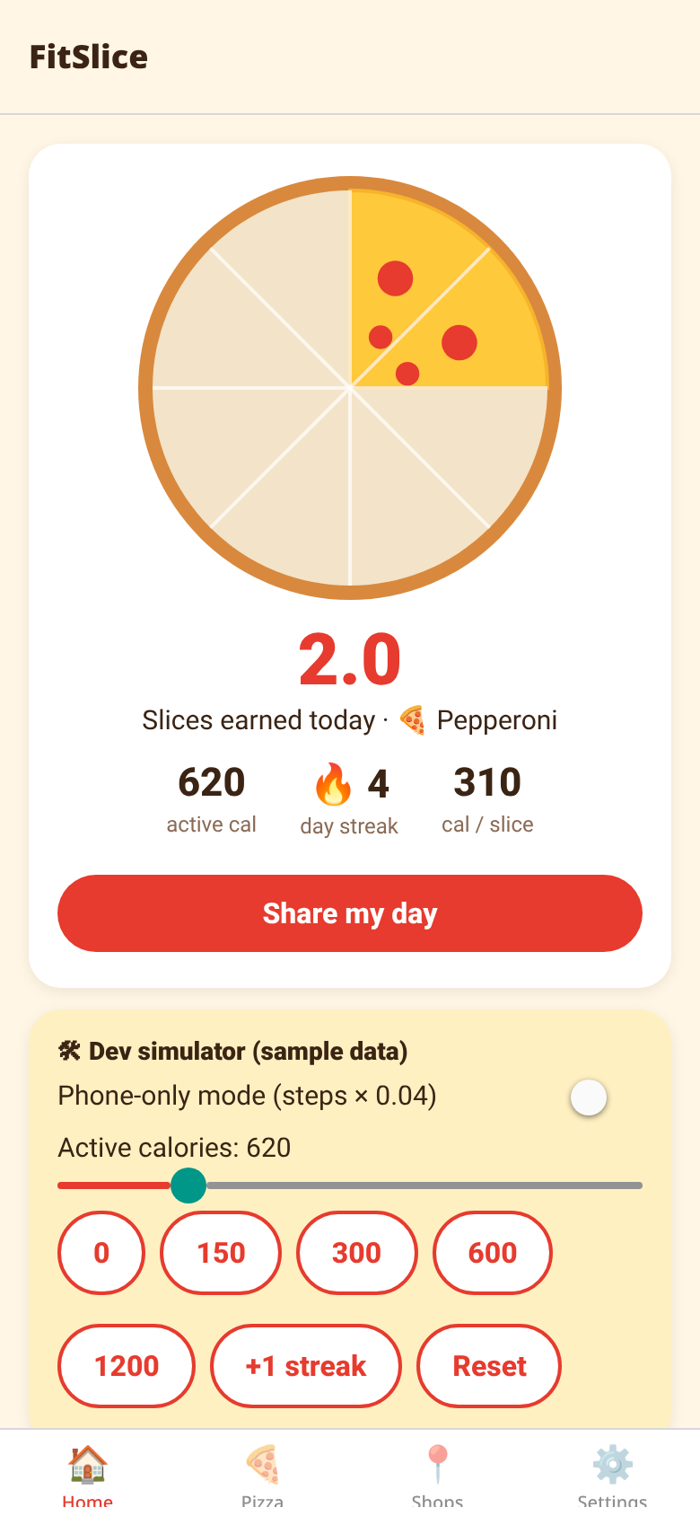 FitSlice home screen with a pizza filling up